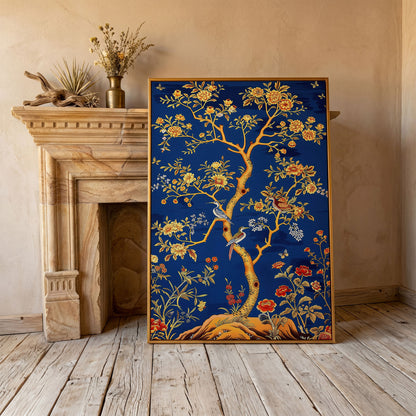Flowering Tree with Birds and Butterflies Canvas Wall Art in antique gold floating frame