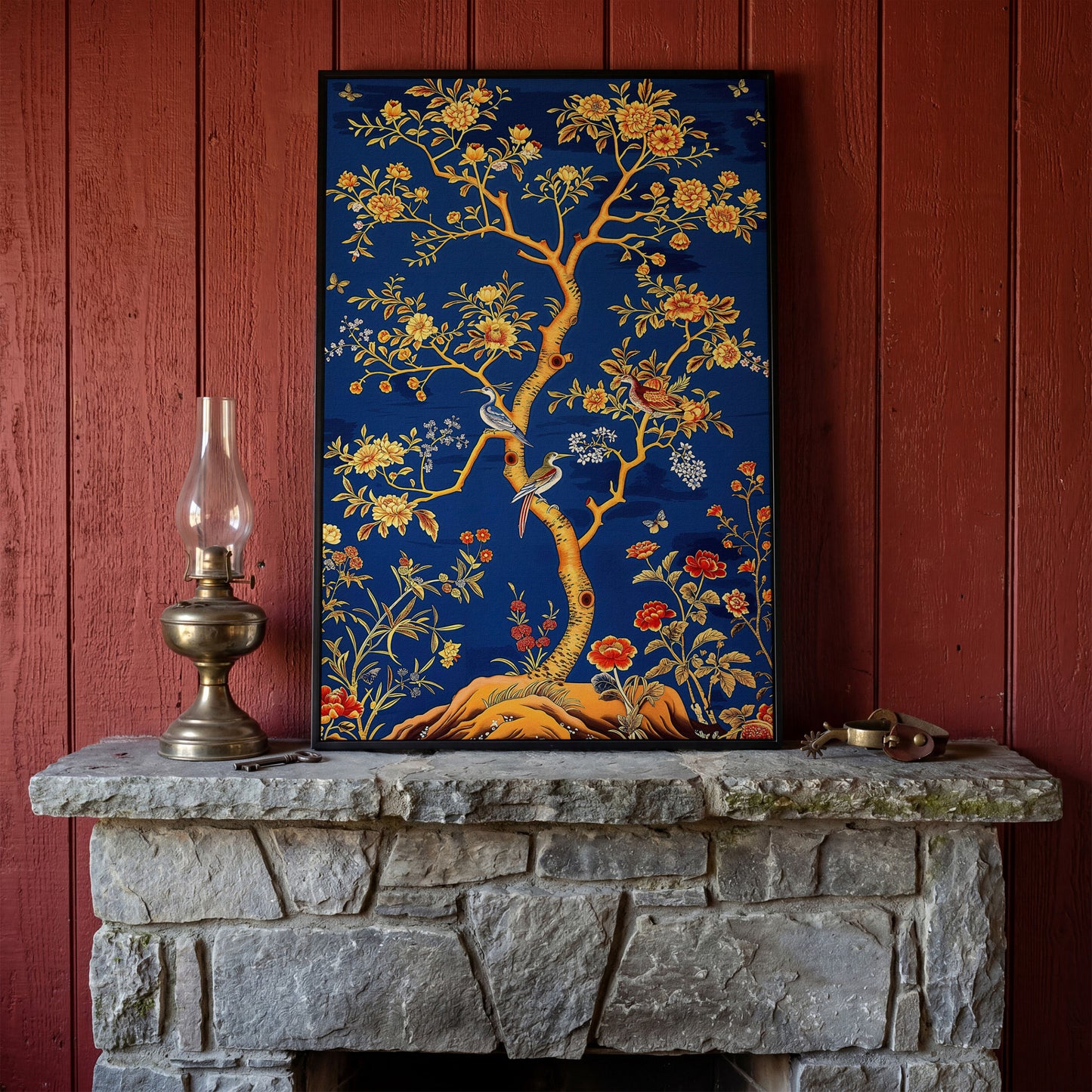 Flowering Tree with Birds and Butterflies Canvas Wall Art in black floating frame