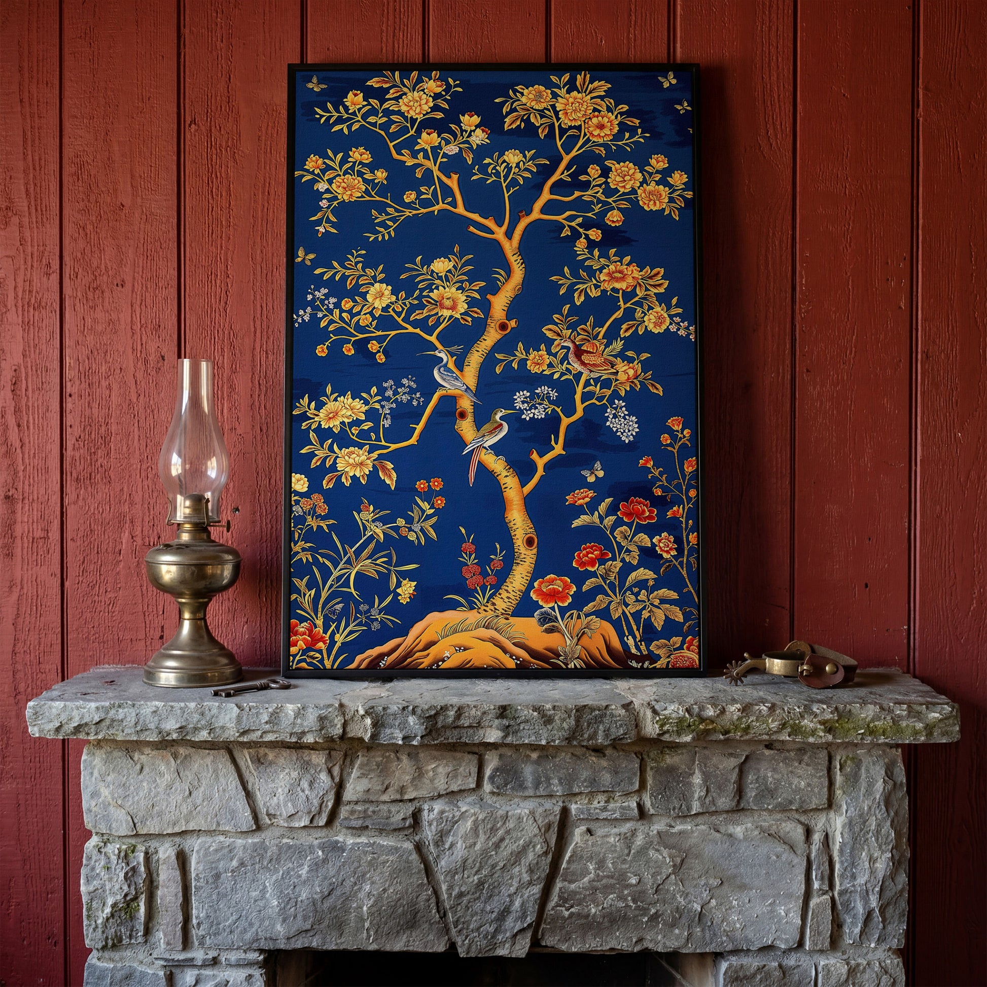 Flowering Tree with Birds and Butterflies Canvas Wall Art in black floating frame