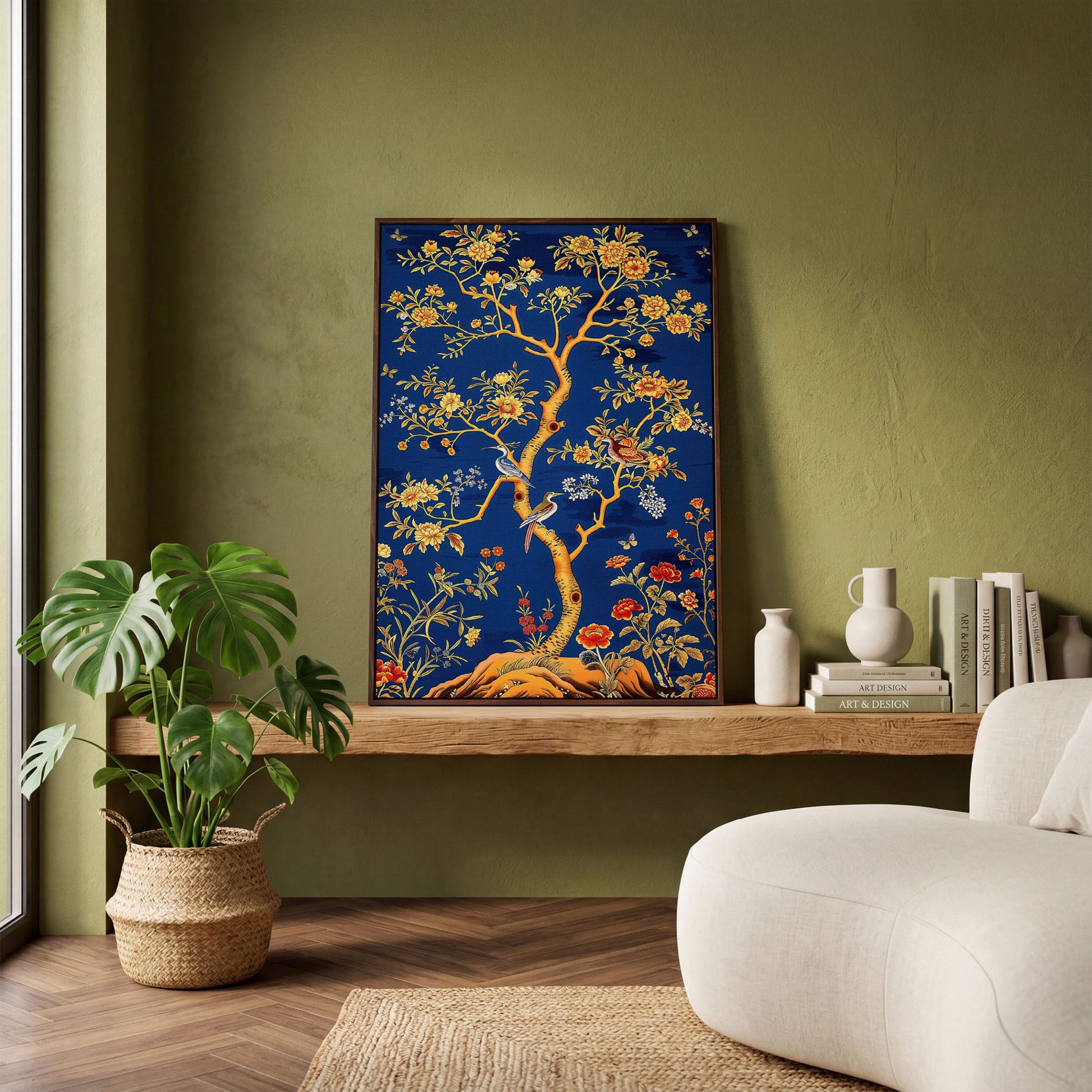 Flowering Tree with Birds and Butterflies Canvas Wall Art in dark walnut floating frame