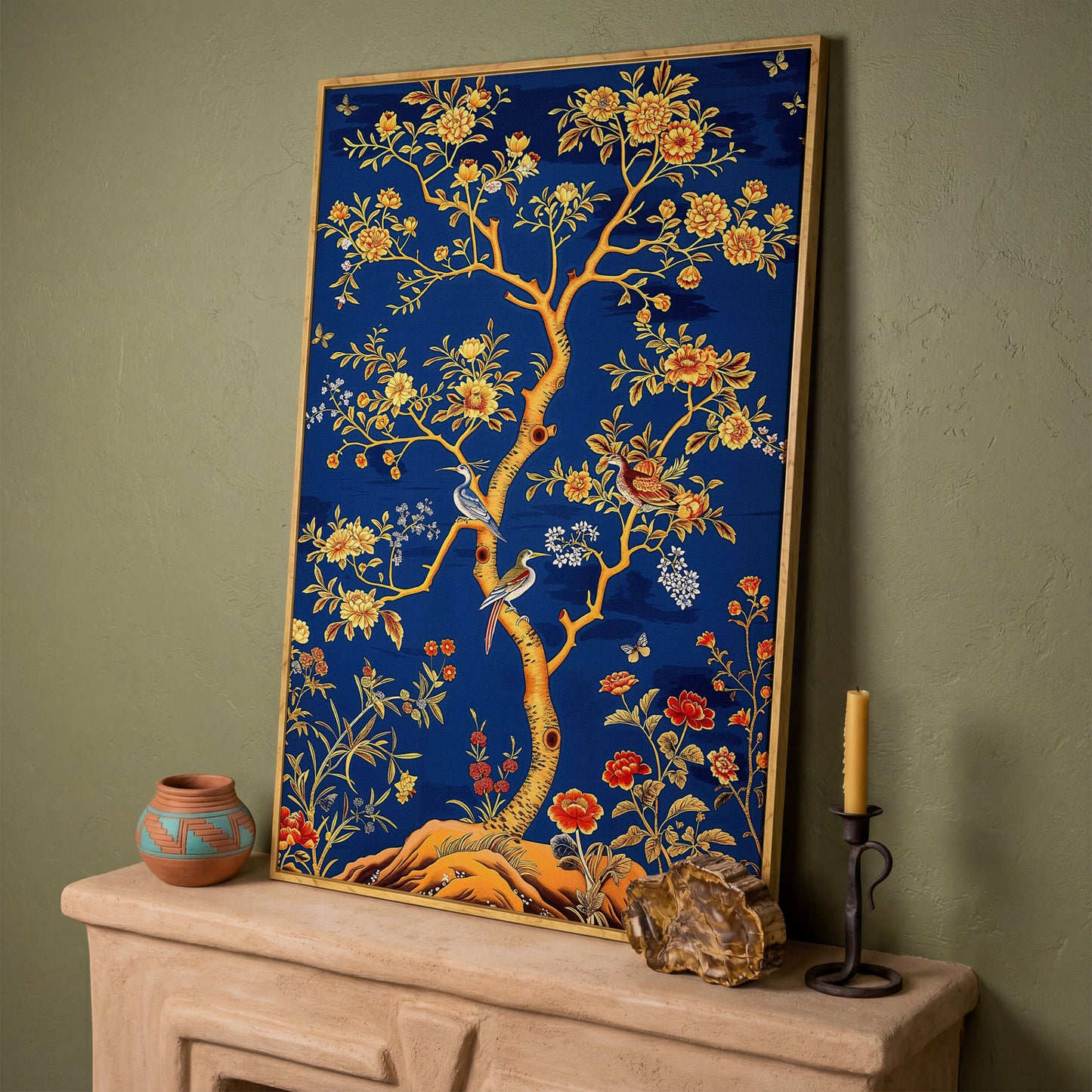 Flowering Tree with Birds and Butterflies Canvas Wall Art in white oak floating frame