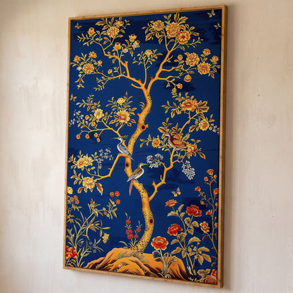 Flowering Tree with Birds and Butterflies Canvas Wall Art shown in white oak floating frame