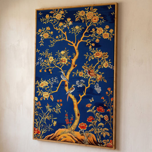 Flowering Tree with Birds and Butterflies Canvas Wall Art shown in white oak floating frame