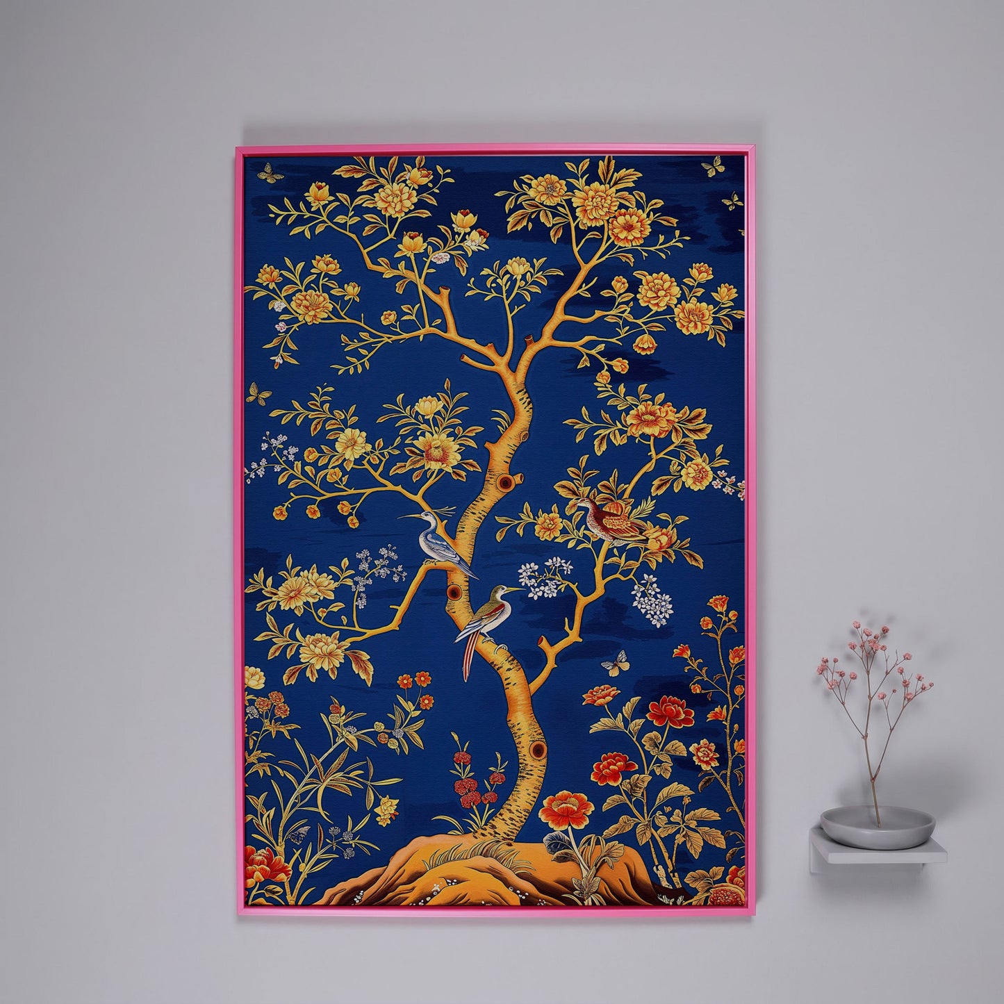 Flowering Tree with Birds and Butterflies Canvas Wall Art in pink floating frame