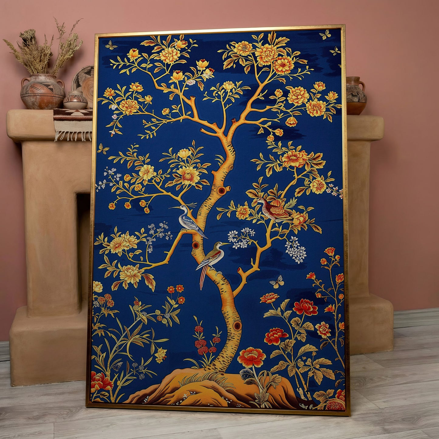 Flowering Tree with Birds and Butterflies Canvas Wall Art in rose gold floating frame