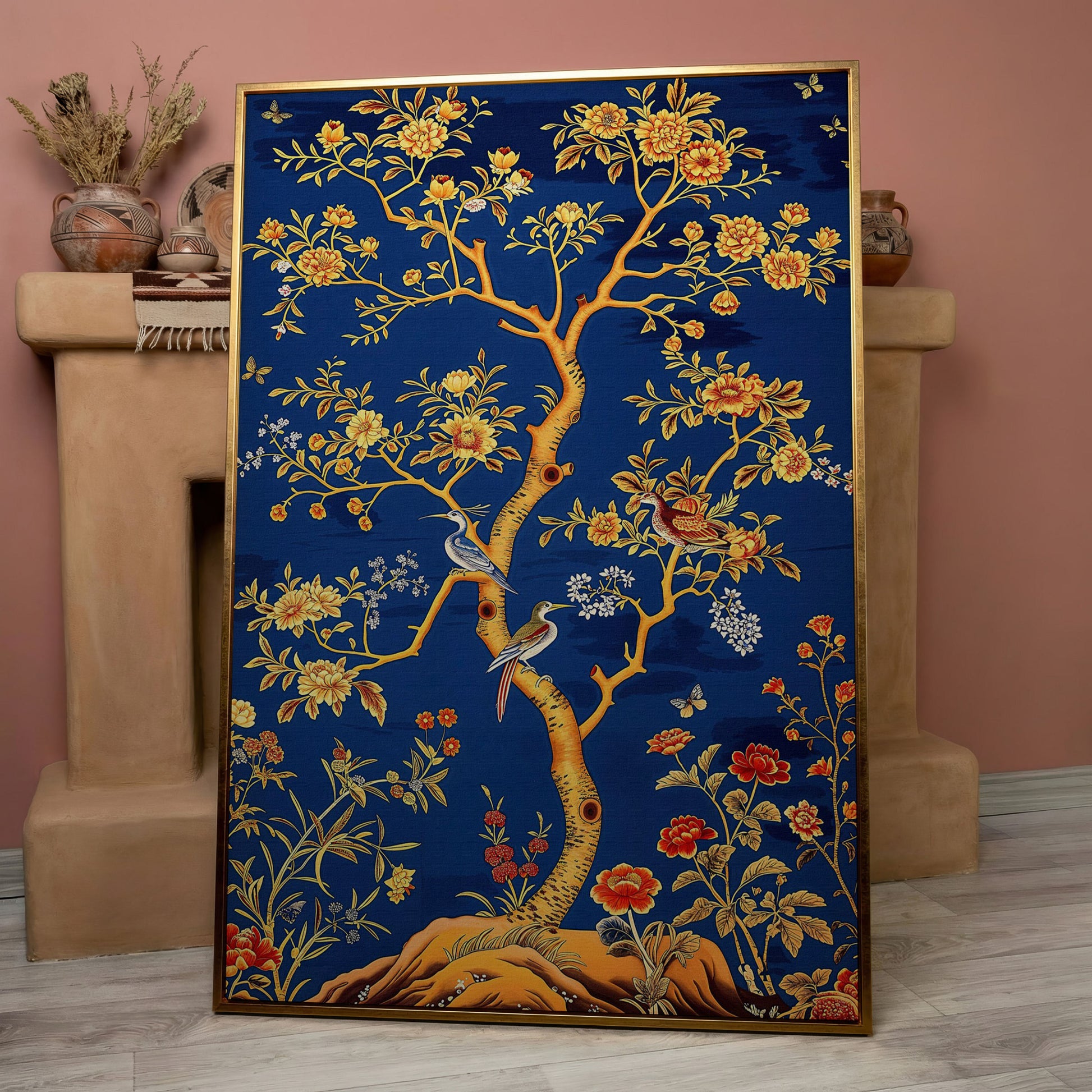 Flowering Tree with Birds and Butterflies Canvas Wall Art in rose gold floating frame