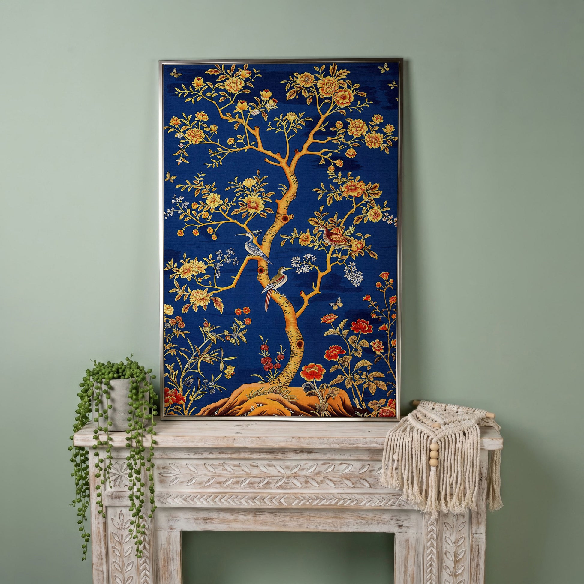 Flowering Tree with Birds and Butterflies Canvas Wall Art in silver floating frame