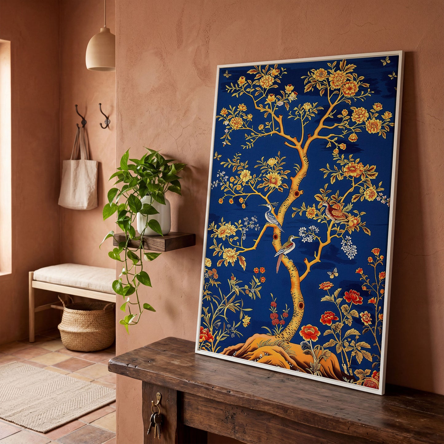 Flowering Tree with Birds and Butterflies Canvas Wall Art in white floating frame