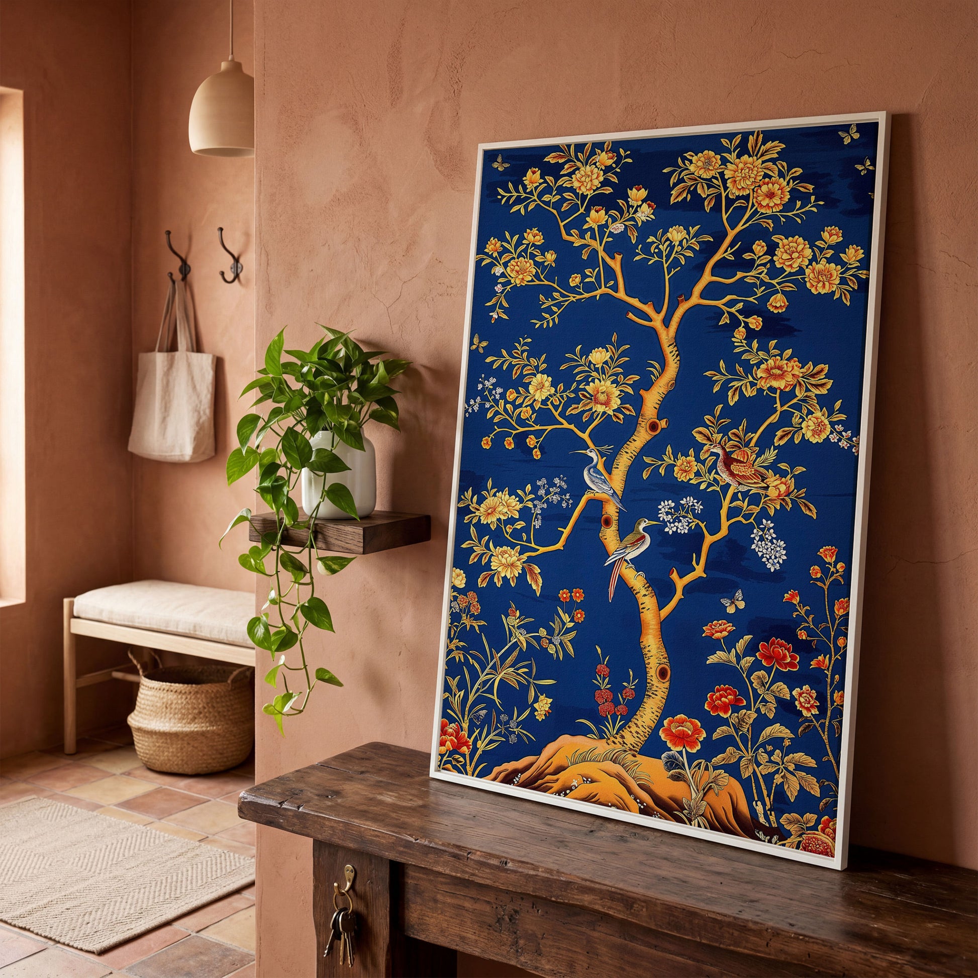 Flowering Tree with Birds and Butterflies Canvas Wall Art in white floating frame