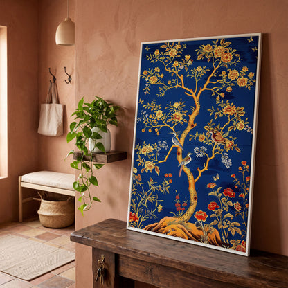 Flowering Tree with Birds and Butterflies Canvas Wall Art in white floating frame