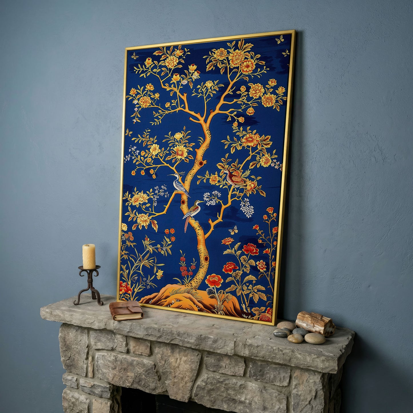 Flowering Tree with Birds and Butterflies Canvas Wall Art in yellow gold floating frame