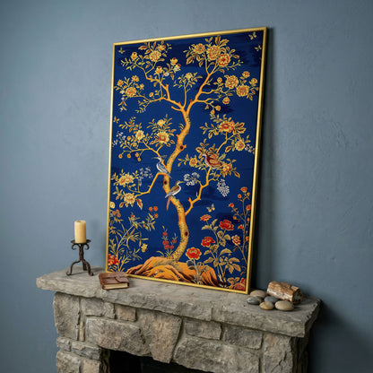 Flowering Tree with Birds and Butterflies Canvas Wall Art in yellow gold floating frame