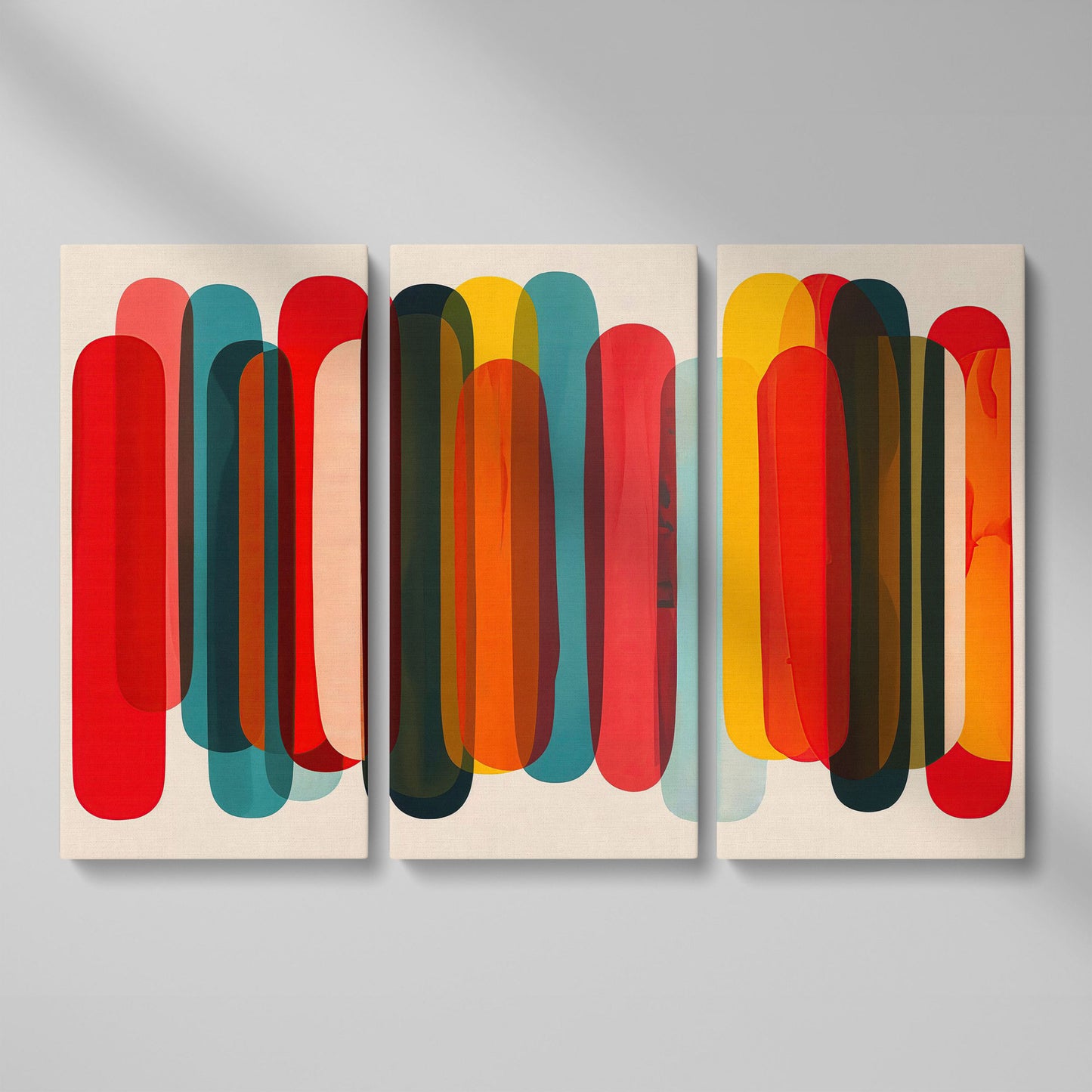Rounded Capsule Shapes Abstract Canvas Art, Colorful Geometric Row as 3-panel split version