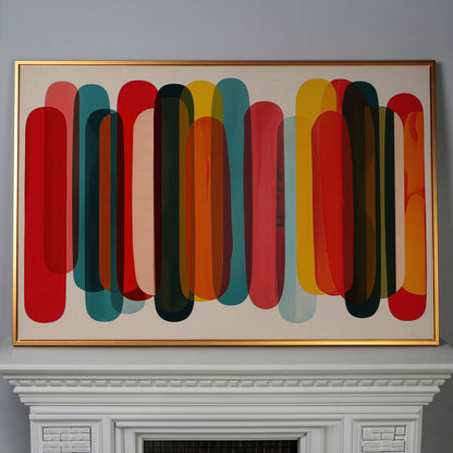 Rounded Capsule Shapes Abstract Canvas Art, Colorful Geometric Row in antique gold floating frame