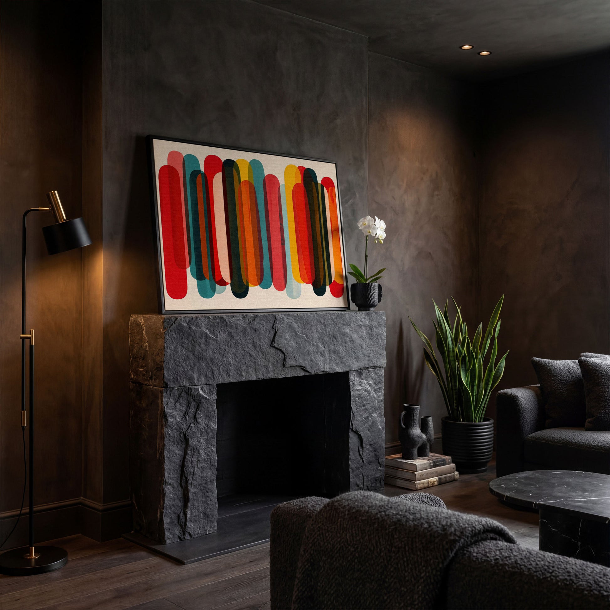 Rounded Capsule Shapes Abstract Canvas Art, Colorful Geometric Row in black floating frame