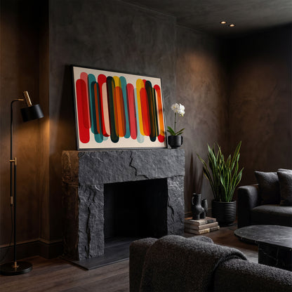 Rounded Capsule Shapes Abstract Canvas Art, Colorful Geometric Row in black floating frame