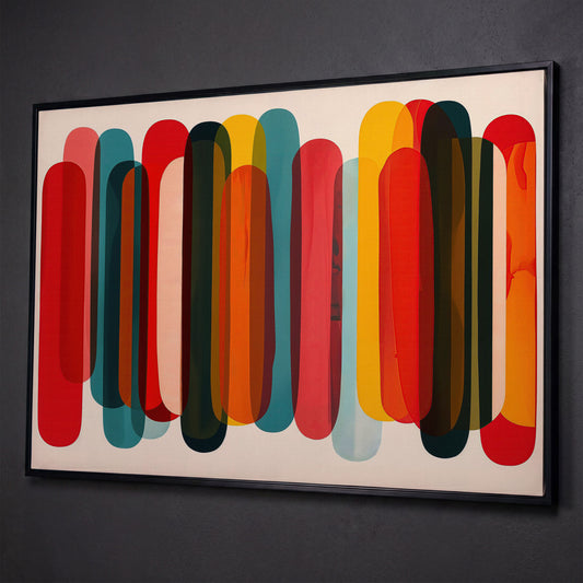 Rounded Capsule Shapes Abstract Canvas Art, Colorful Geometric Row shown in black floating frame