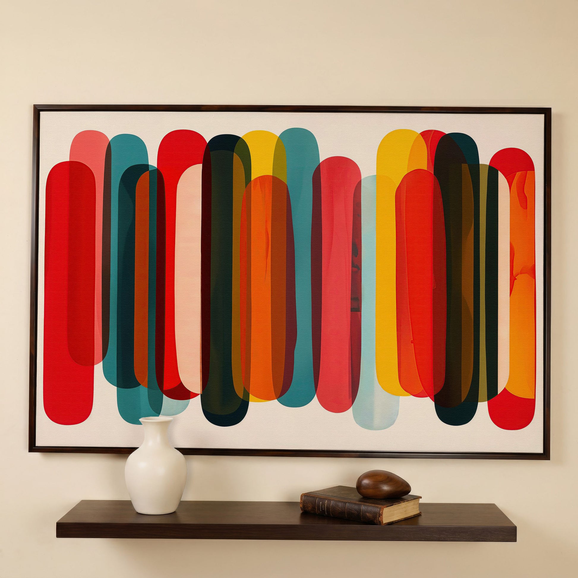 Rounded Capsule Shapes Abstract Canvas Art, Colorful Geometric Row in dark walnut floating frame