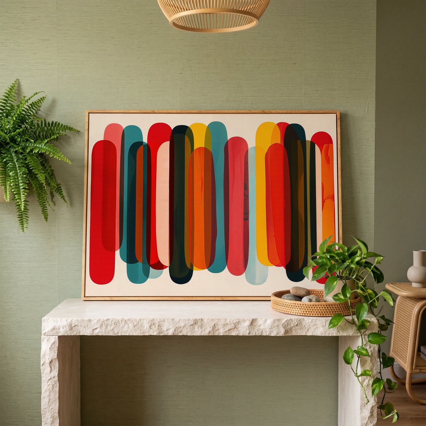 Rounded Capsule Shapes Abstract Canvas Art, Colorful Geometric Row in white oak floating frame