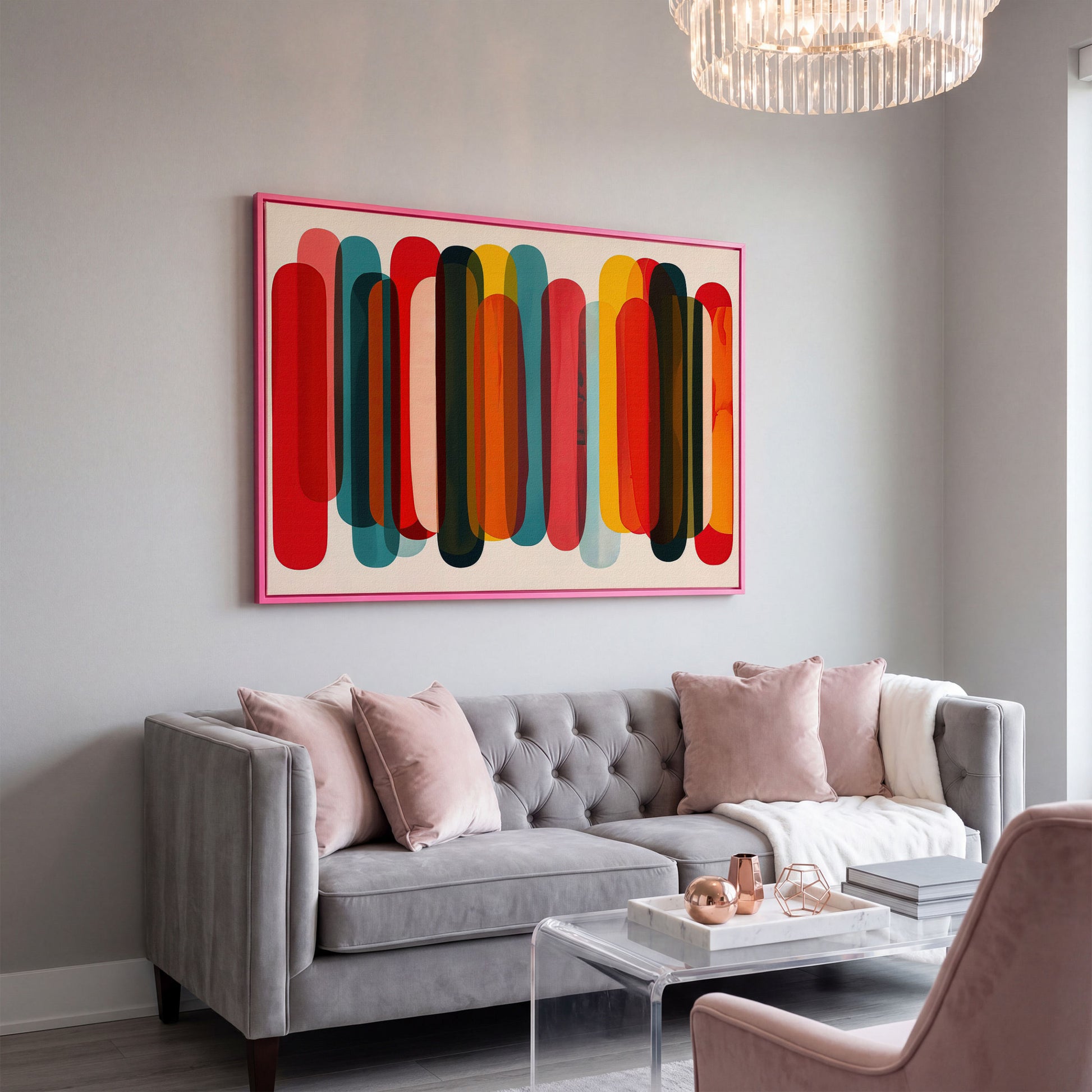 Rounded Capsule Shapes Abstract Canvas Art, Colorful Geometric Row in pink floating frame