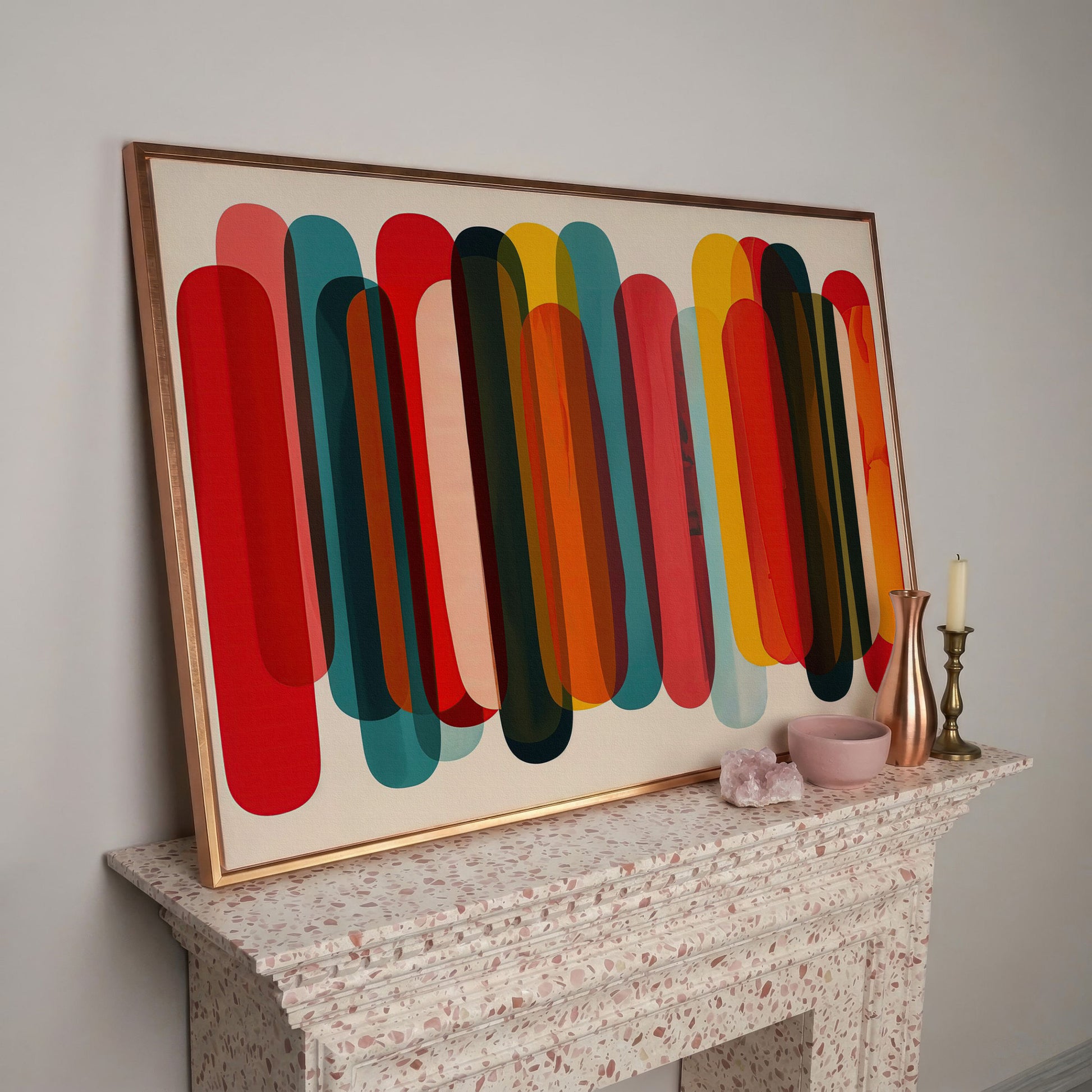 Rounded Capsule Shapes Abstract Canvas Art, Colorful Geometric Row in rose gold floating frame