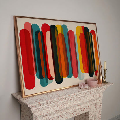 Rounded Capsule Shapes Abstract Canvas Art, Colorful Geometric Row in rose gold floating frame
