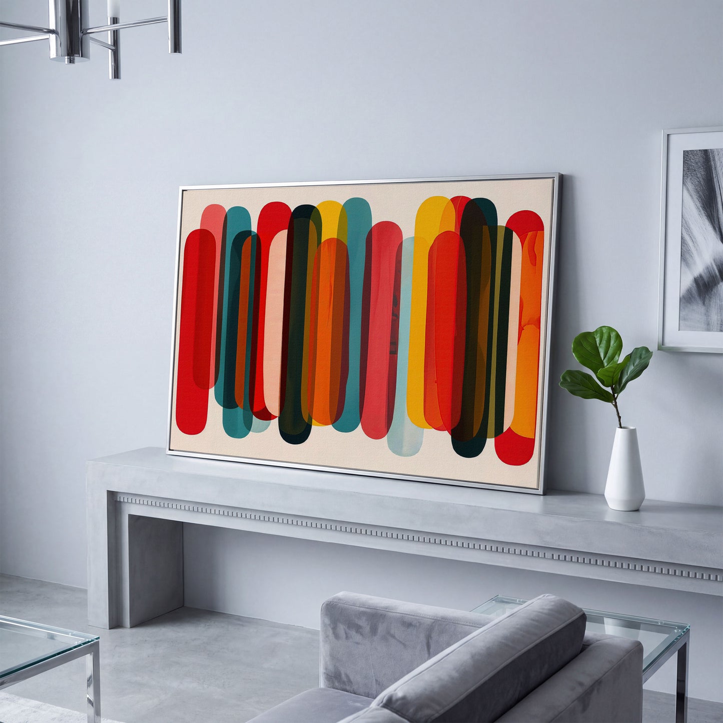 Rounded Capsule Shapes Abstract Canvas Art, Colorful Geometric Row in silver floating frame