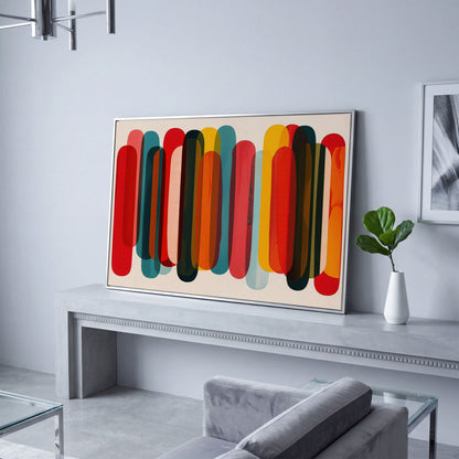 Rounded Capsule Shapes Abstract Canvas Art, Colorful Geometric Row in silver floating frame