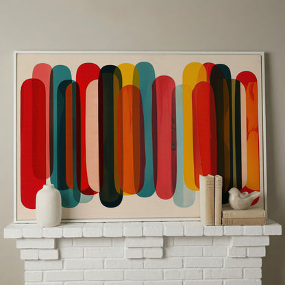 Rounded Capsule Shapes Abstract Canvas Art, Colorful Geometric Row in white floating frame