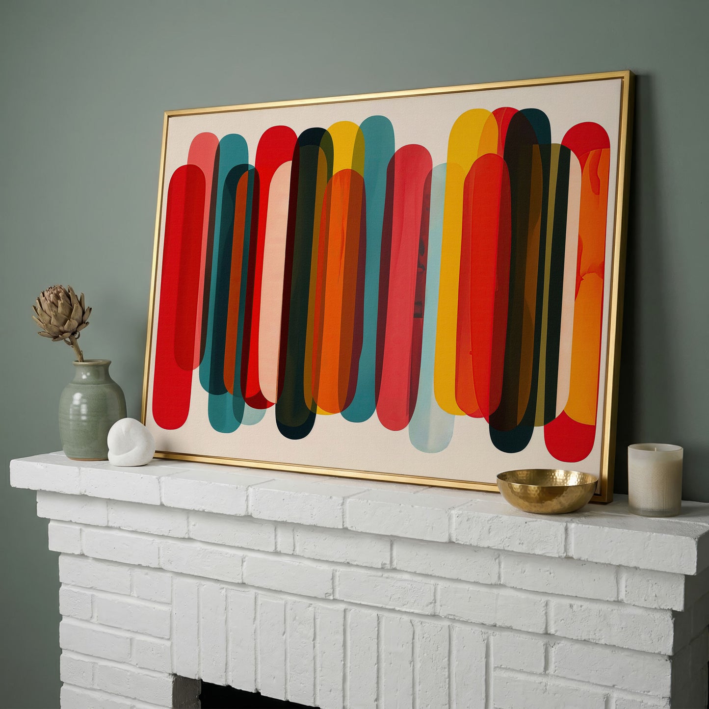 Rounded Capsule Shapes Abstract Canvas Art, Colorful Geometric Row in yellow gold floating frame