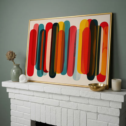 Rounded Capsule Shapes Abstract Canvas Art, Colorful Geometric Row in yellow gold floating frame