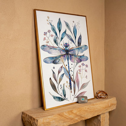 Dragonfly with Botanicals Canvas Print in antique gold floating frame