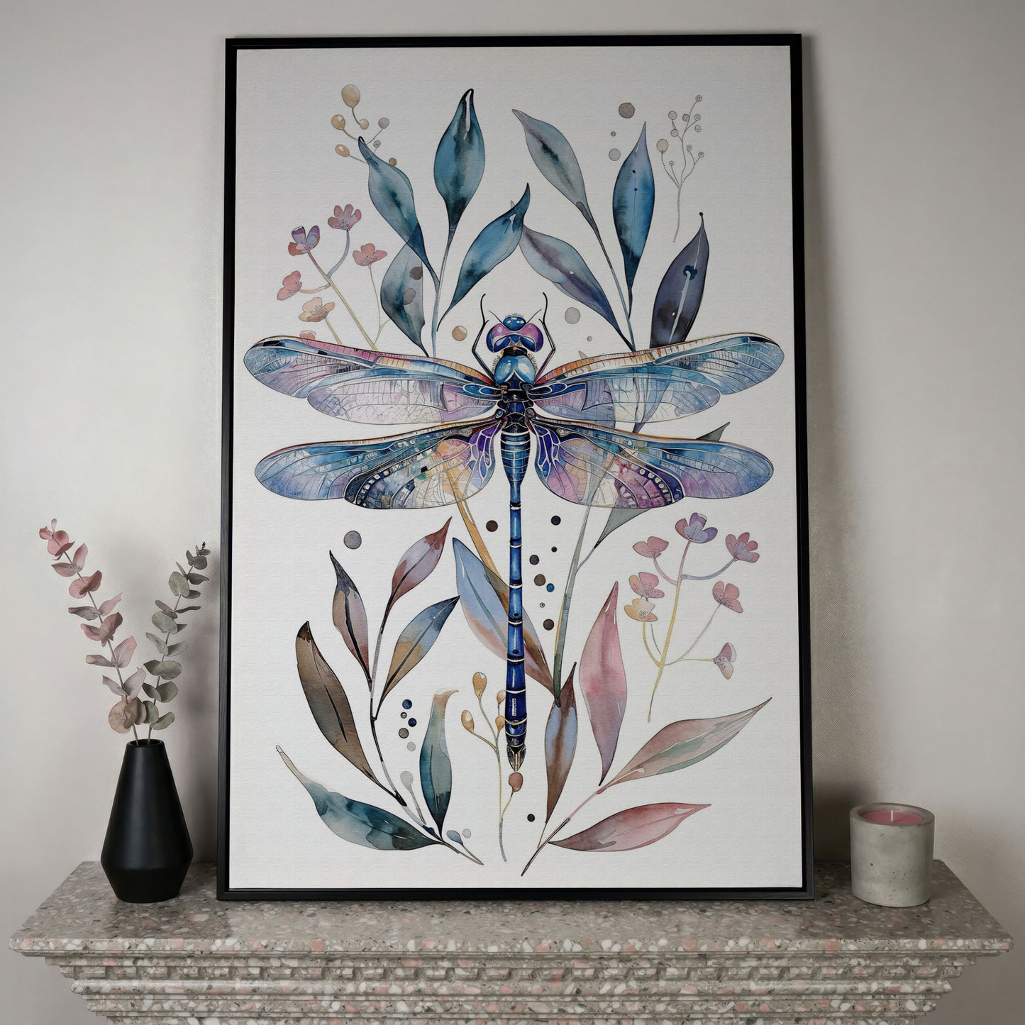 Dragonfly with Botanicals Canvas Print in black floating frame