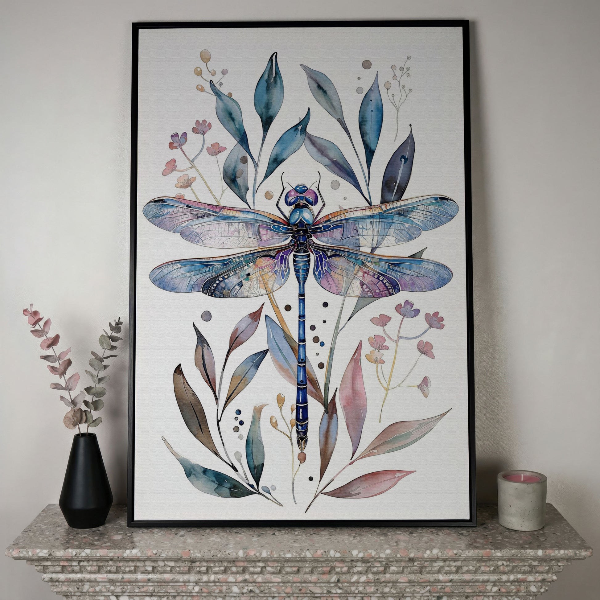 Dragonfly with Botanicals Canvas Print in black floating frame
