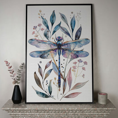 Dragonfly with Botanicals Canvas Print in black floating frame
