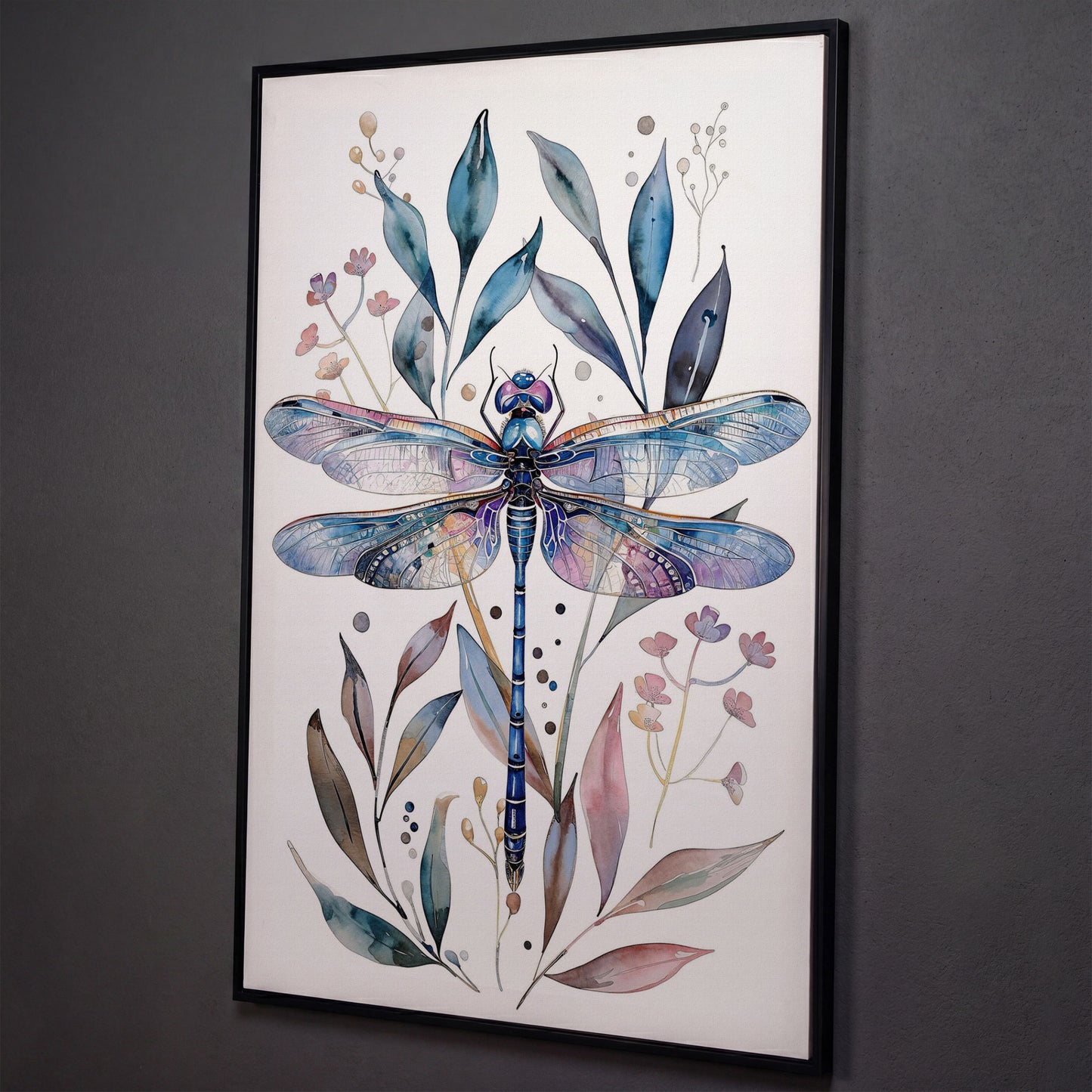 Dragonfly with Botanicals Canvas Print shown in black floating frame