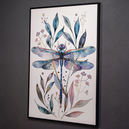 Dragonfly with Botanicals Canvas Print shown in black floating frame