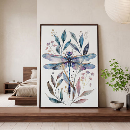 Dragonfly with Botanicals Canvas Print in dark walnut floating frame