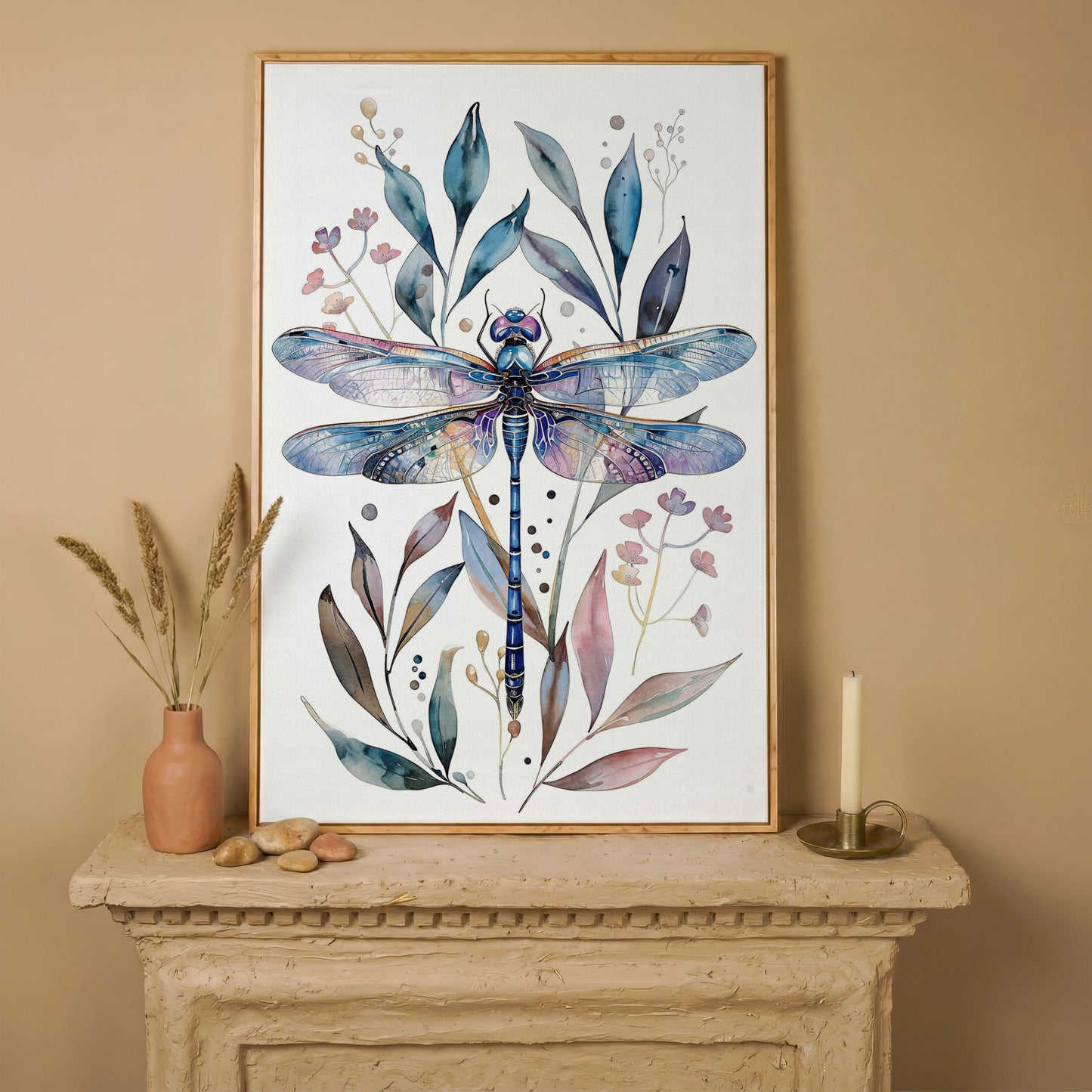 Dragonfly with Botanicals Canvas Print in white oak floating frame