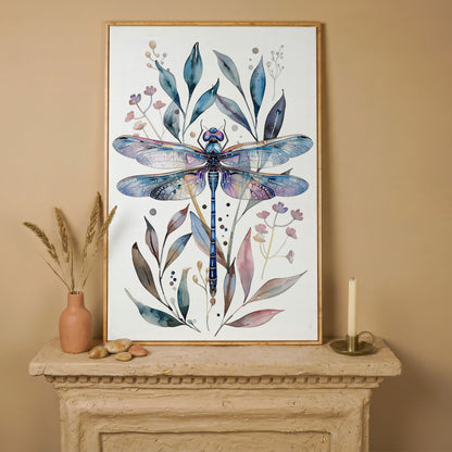 Dragonfly with Botanicals Canvas Print in white oak floating frame