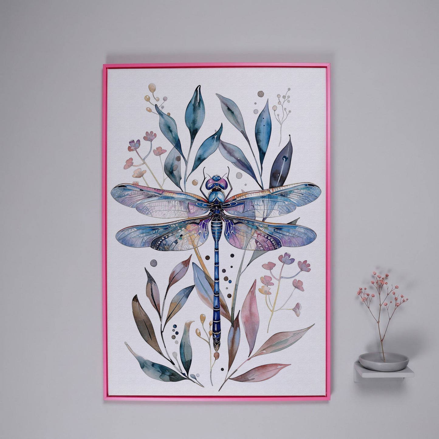 Dragonfly with Botanicals Canvas Print in pink floating frame