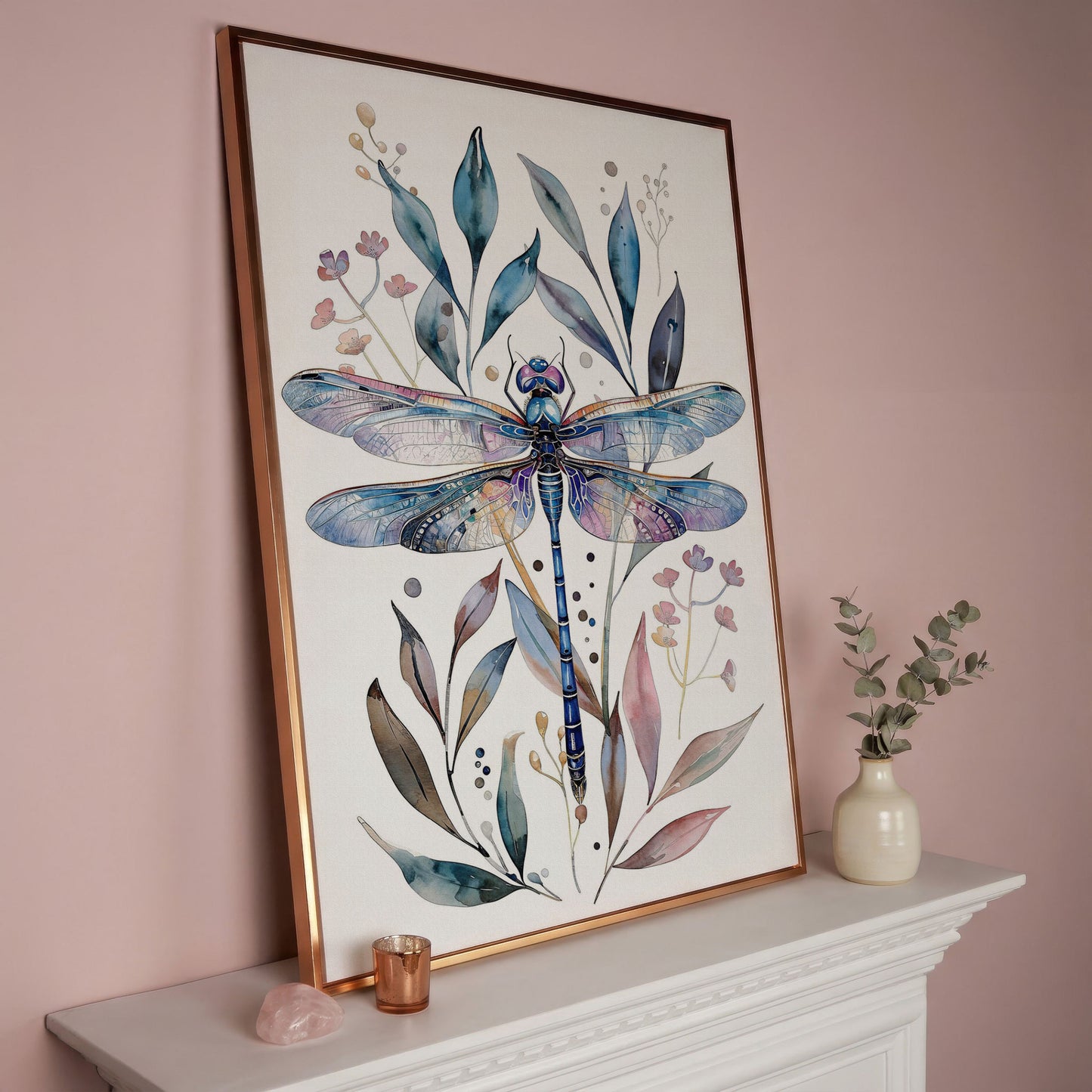 Dragonfly with Botanicals Canvas Print in rose gold floating frame