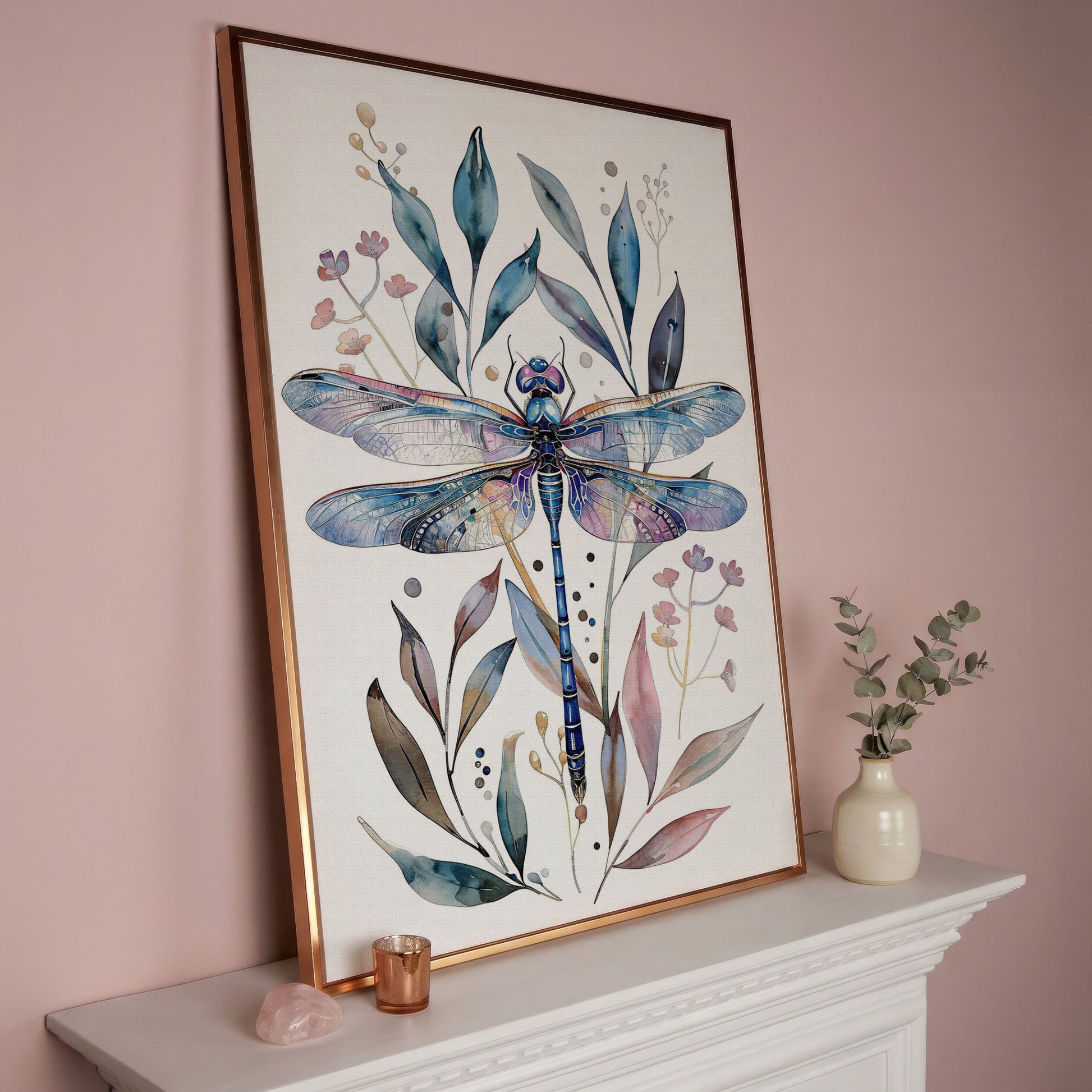 Dragonfly with Botanicals Canvas Print in rose gold floating frame
