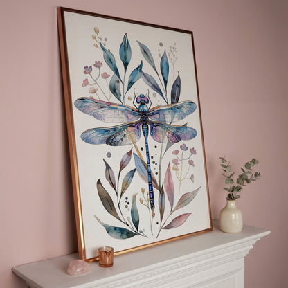 Dragonfly with Botanicals Canvas Print in rose gold floating frame