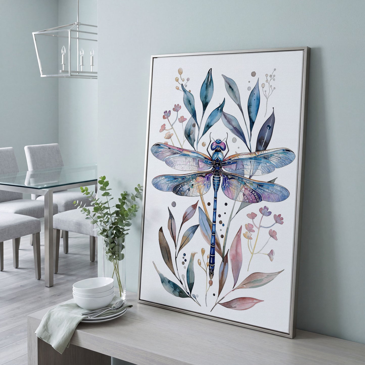 Dragonfly with Botanicals Canvas Print in silver floating frame