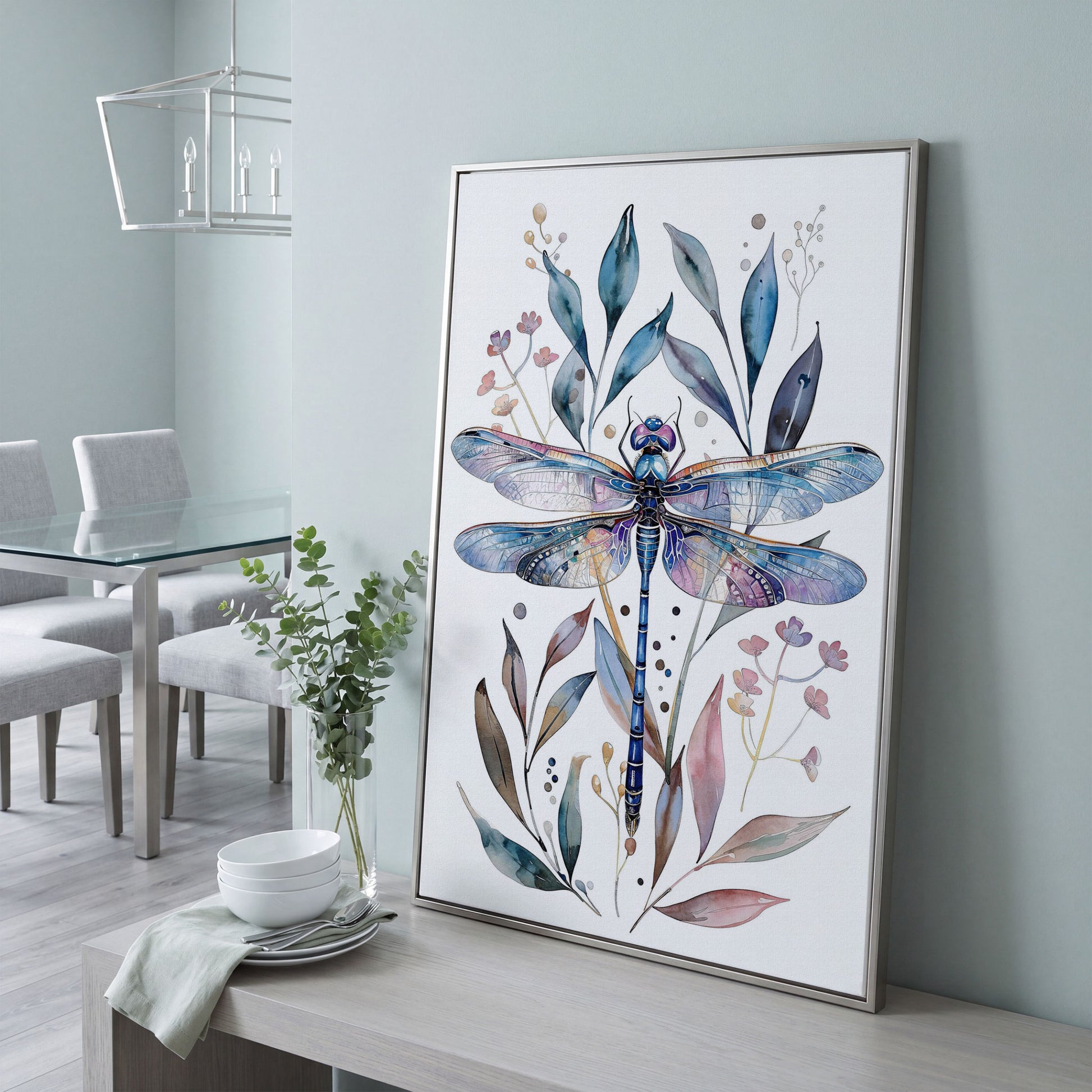 Dragonfly with Botanicals Canvas Print in silver floating frame