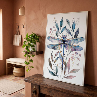 Dragonfly with Botanicals Canvas Print in white floating frame