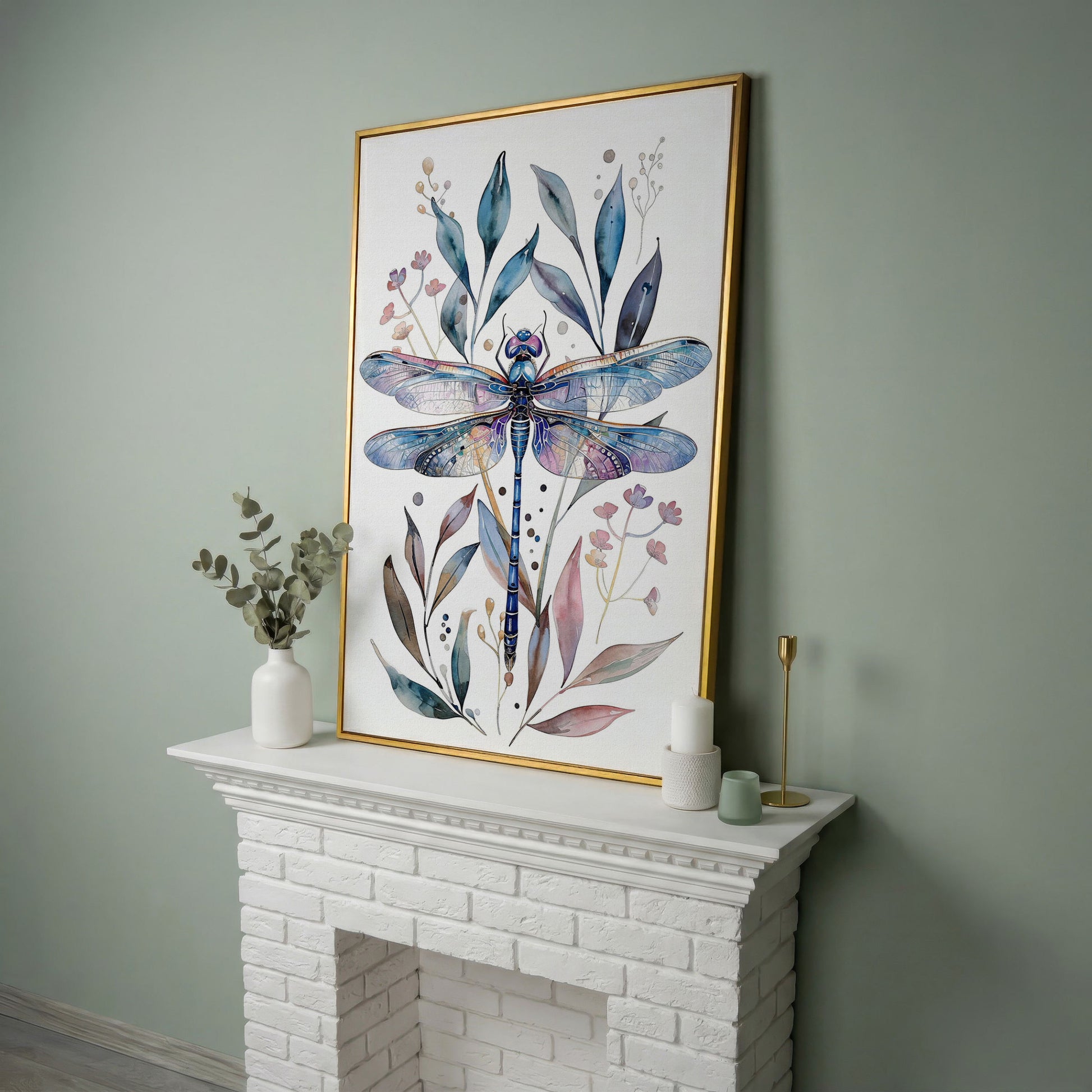Dragonfly with Botanicals Canvas Print in yellow gold floating frame