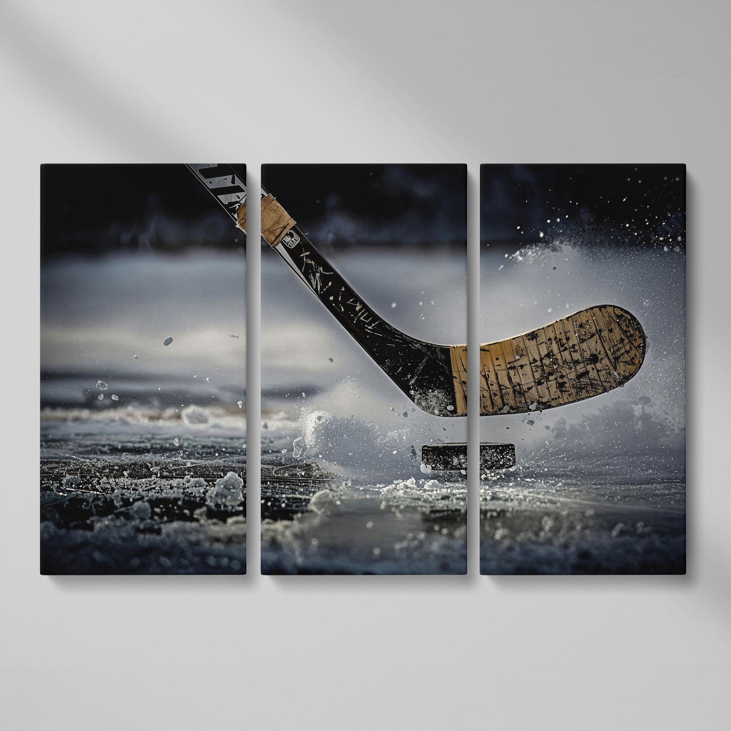 Hockey Stick Hitting Puck on Ice, Dynamic Ice Splash Canvas Art as 3-panel split version
