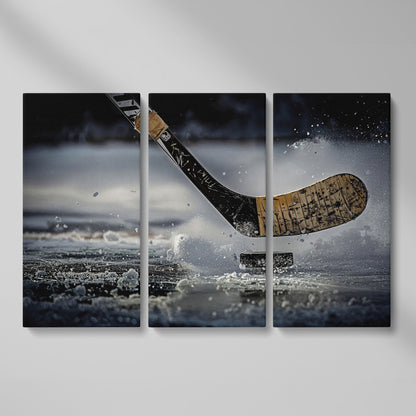Hockey Stick Hitting Puck on Ice, Dynamic Ice Splash Canvas Art as 3-panel split version